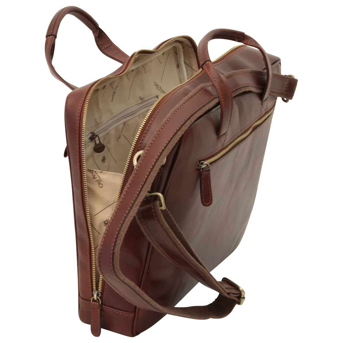 Leather Briefcase with zip closure - Brown-1